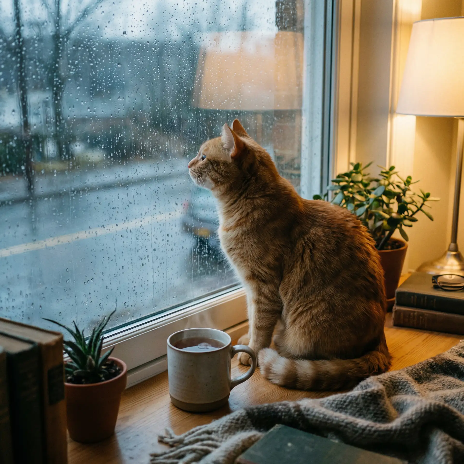 猫咪望着窗外的雨 - 泉麻那